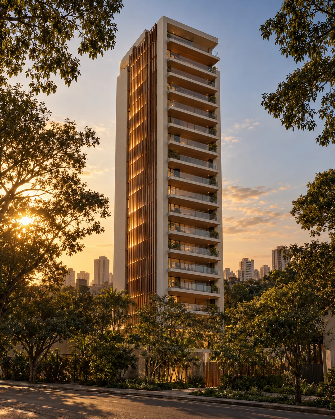 Torre do Poente ao entardecer, com brises de madeira na fachada oeste