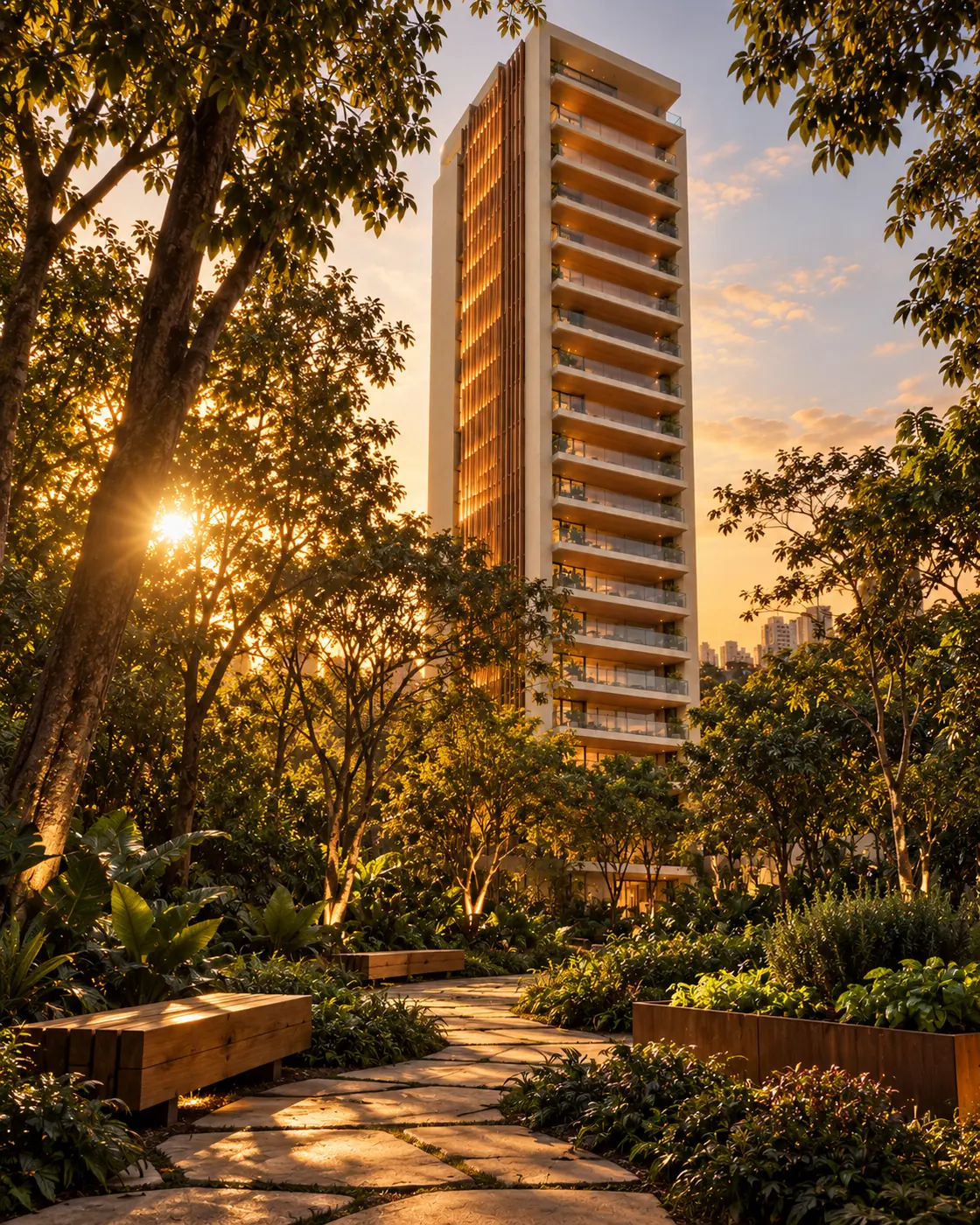 Jardim com árvores nativas, caminho de pedra e bancos