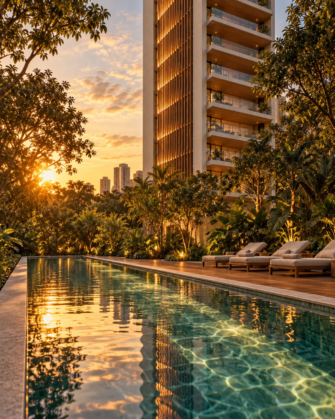 Piscina com raia de 25 metros entre o jardim, no fim da tarde