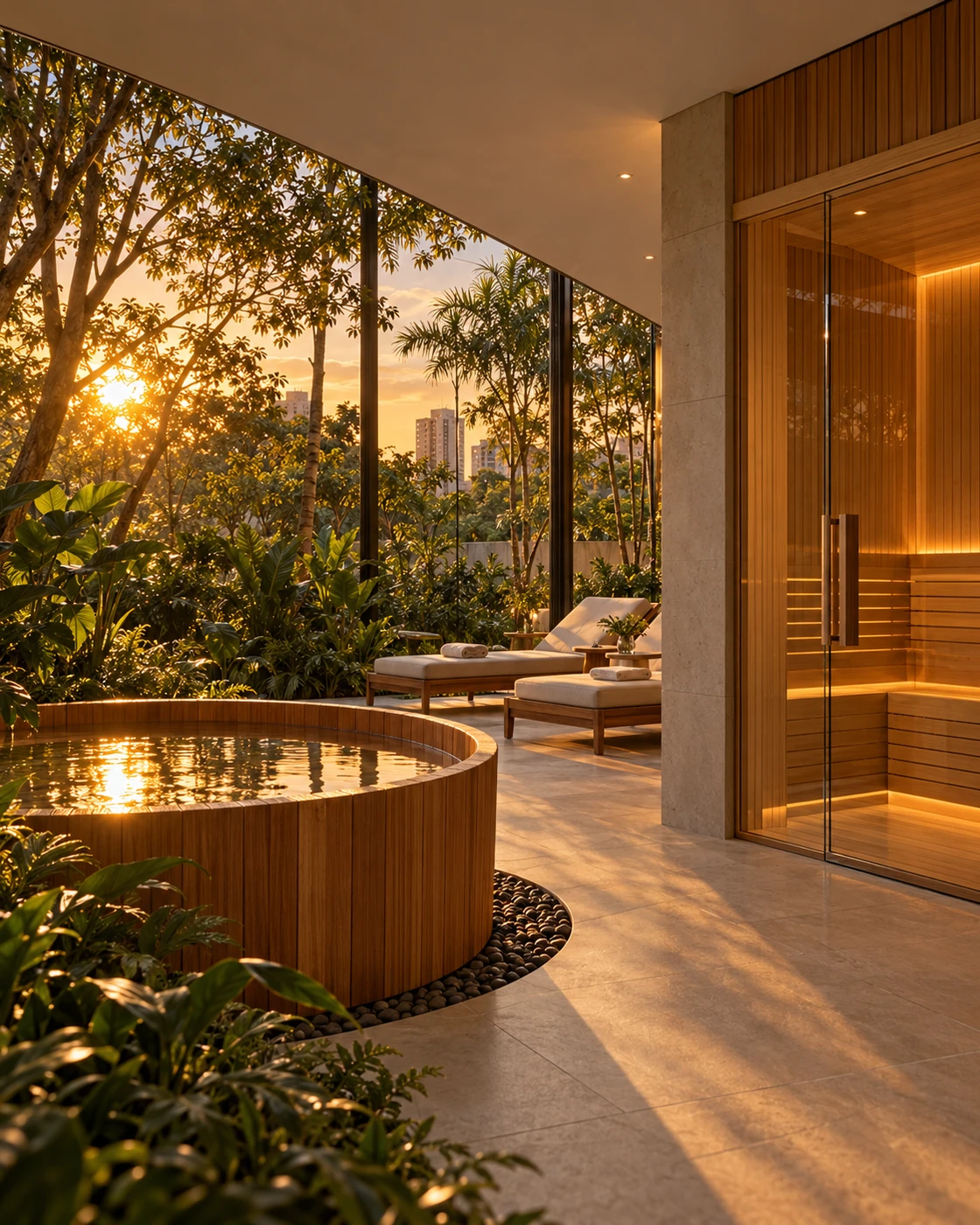 Spa com sauna seca, ofurô e sala de descanso em madeira clara