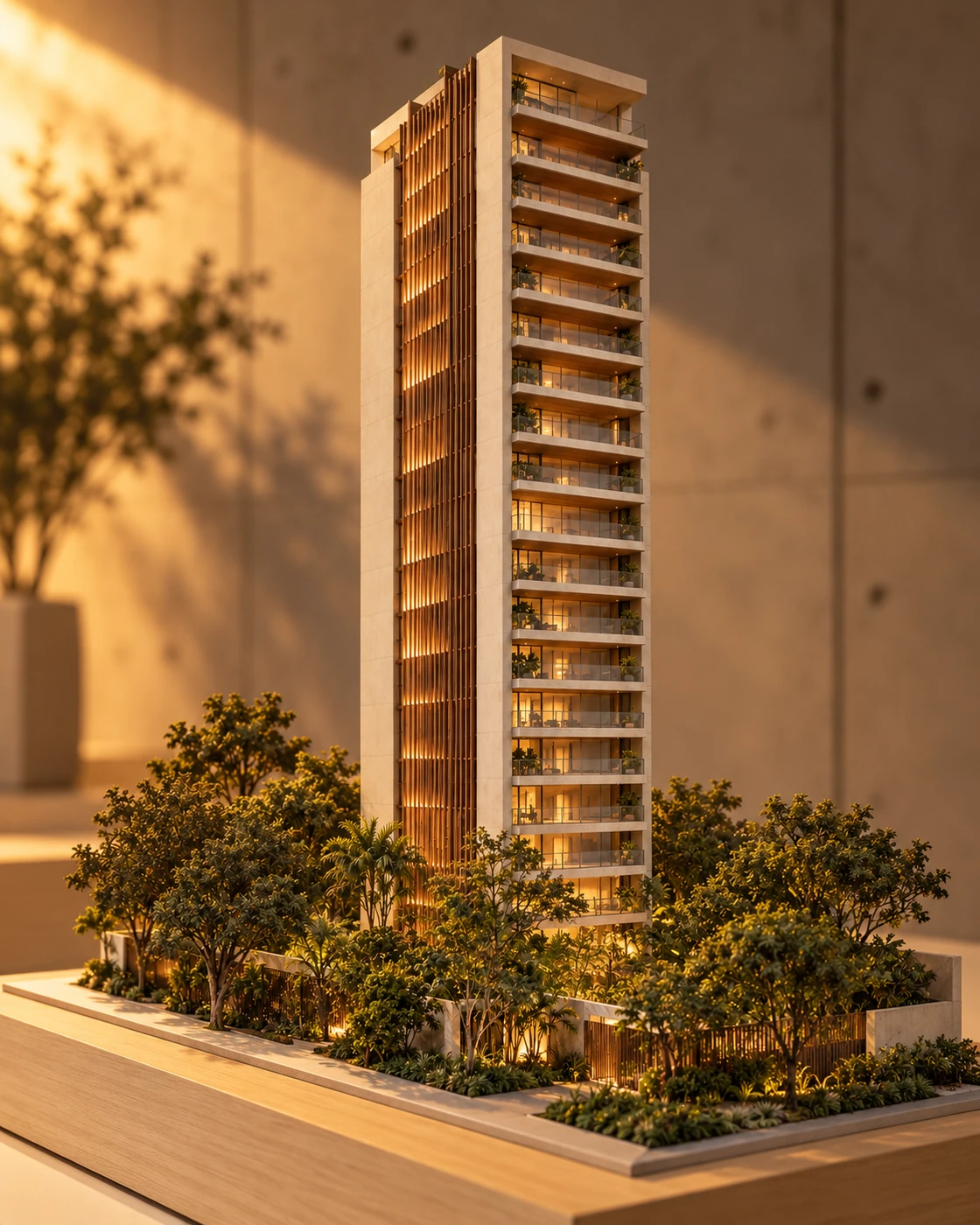 Maquete física da torre e do jardim no stand de vendas