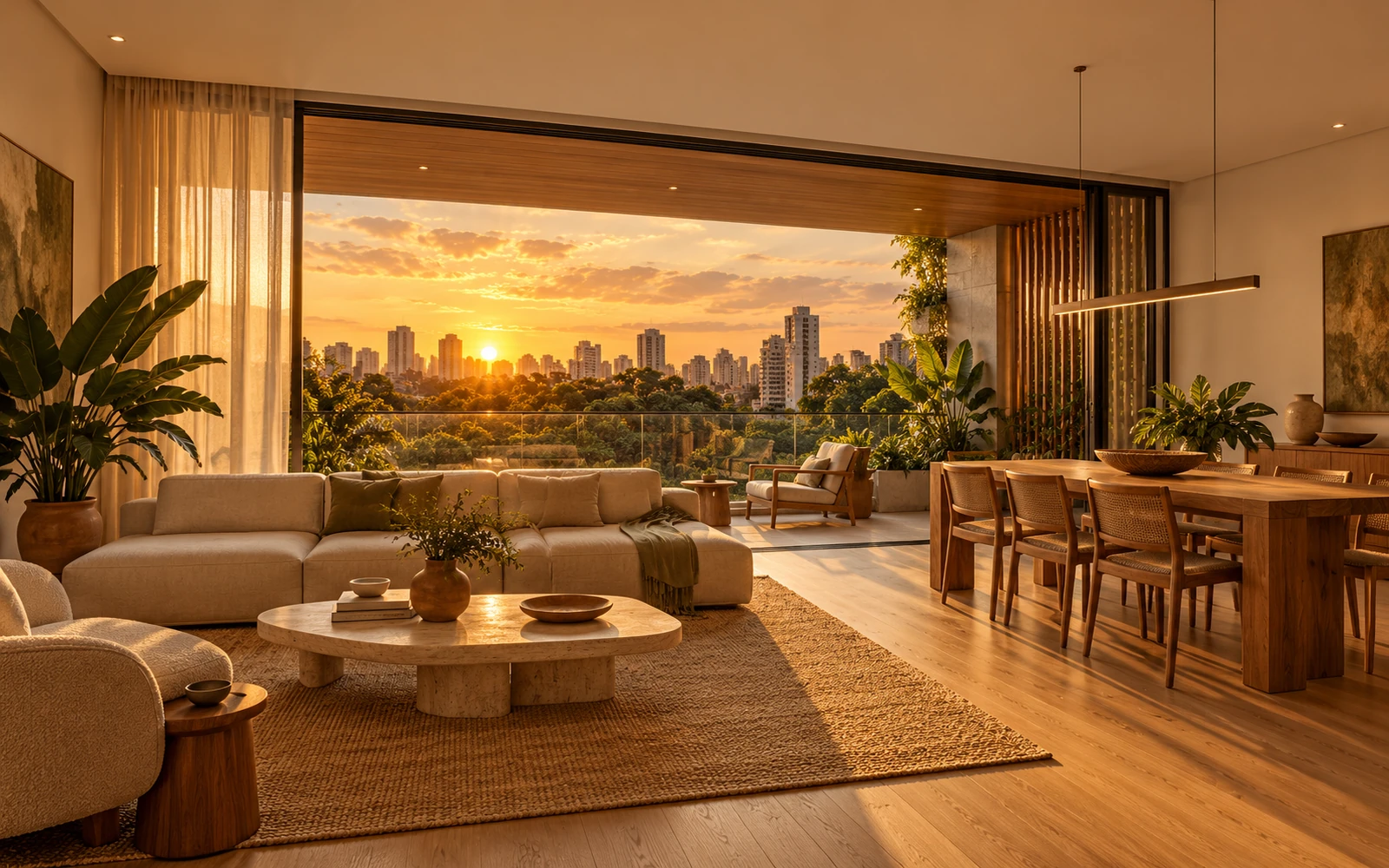 Sala do apartamento decorado ao pôr do sol, com a varanda aberta
