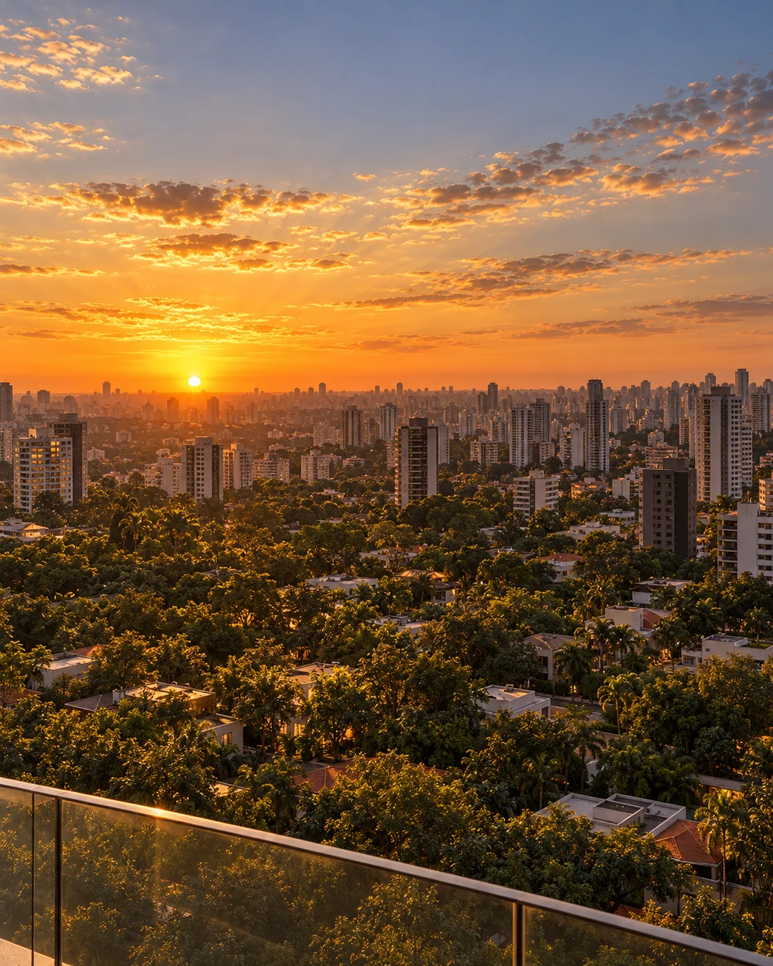 Vista de um andar alto: o horizonte de São Paulo com o sol se pondo