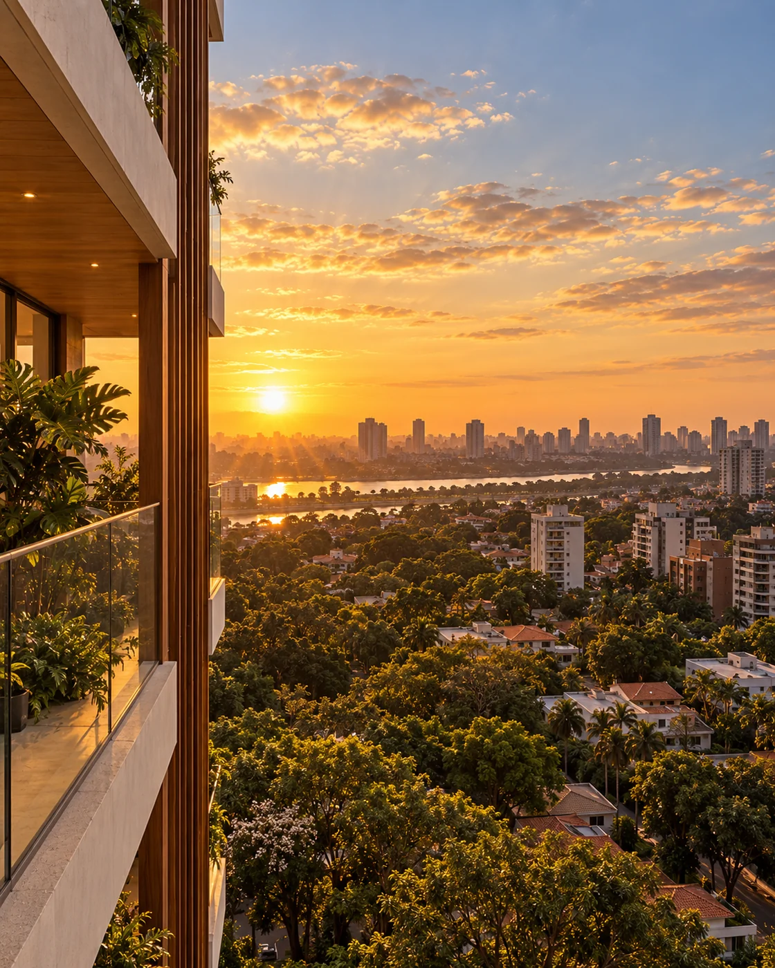 Vista de um andar intermediário: o bairro arborizado e o Rio Pinheiros ao fundo